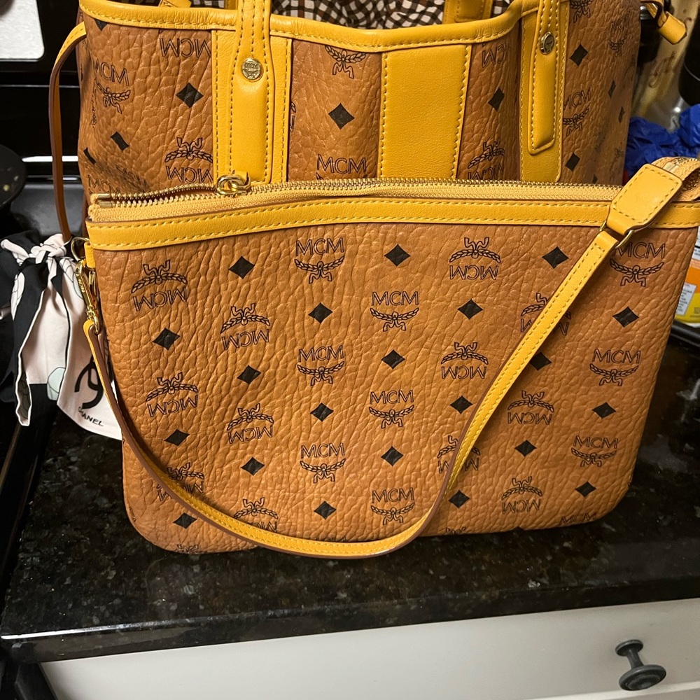MCM Visetos Shopper Tote Bag Cognac with Signature Monogram- Tan/Yellow - Picture 8 of 12